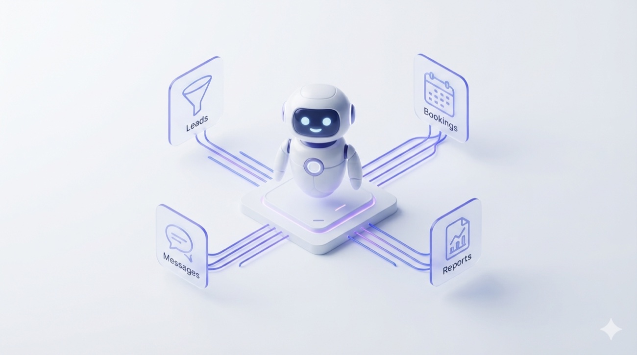 An OperisPoint AI agent at the center, connected to the everyday jobs it handles: leads, messages, bookings, and reports.