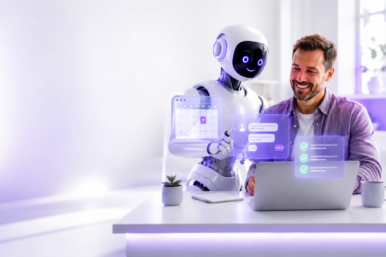 An OperisPoint AI assistant working alongside a business owner — answering messages, booking appointments, and completing a checklist of tasks.