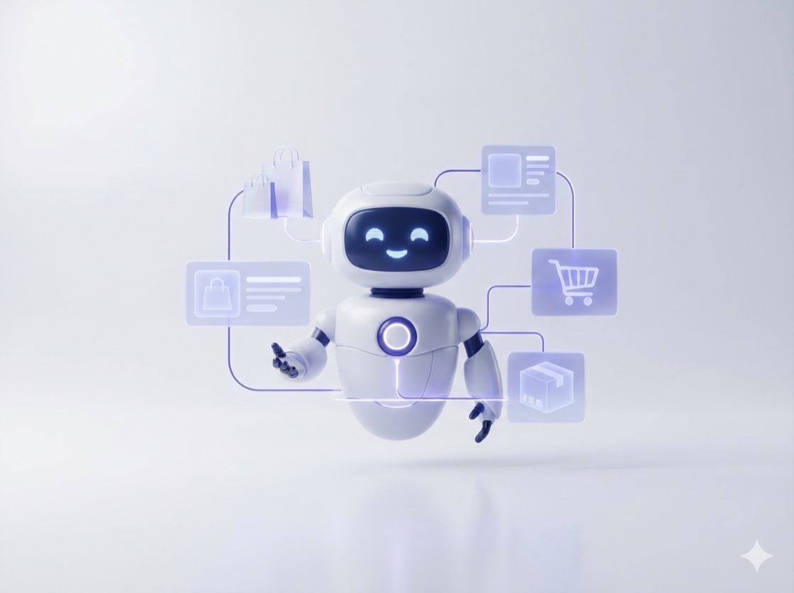 An OperisPoint AI assistant handling e-commerce support — surrounded by shopping bags, product cards, and delivery boxes.