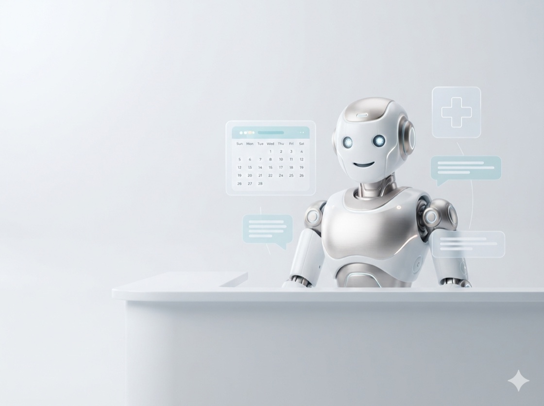An OperisPoint AI assistant at a clinic front desk with a floating appointment calendar and reminder messages.