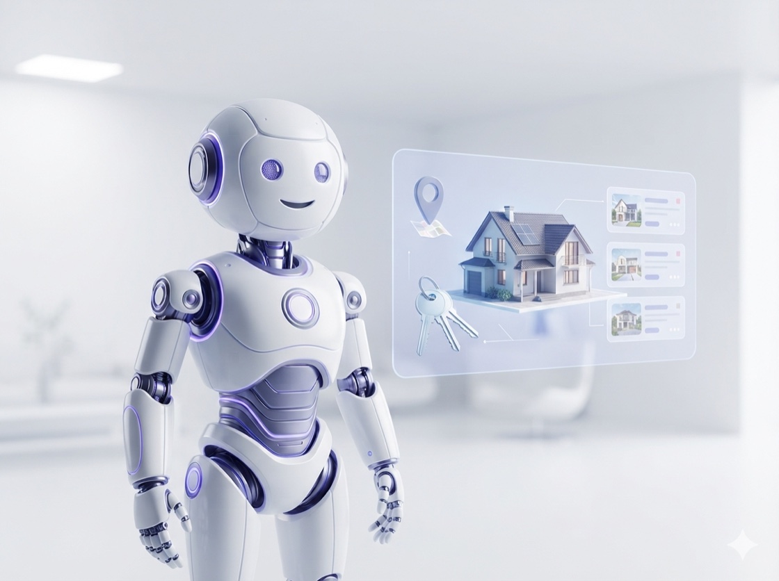 An OperisPoint AI assistant beside a floating house model, keys, and property listing cards.